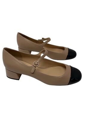 Marc Fisher Tan Black Cap Toe Mary Jane Heels Block Heel Strap Size 11 NWT